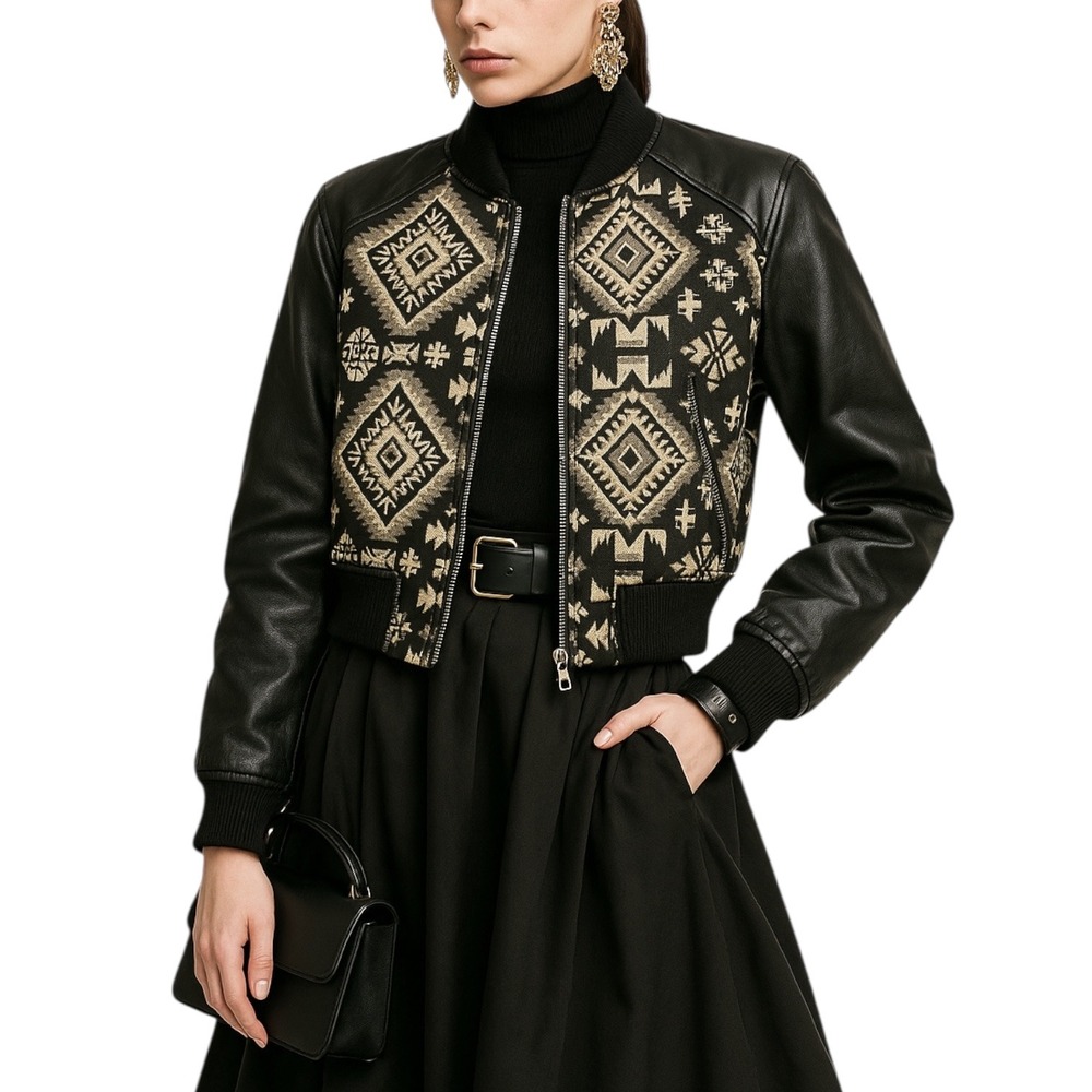 Women's Faux Leather Aztec Embroidered Bomber Jacket Small Boho Tribal Festival